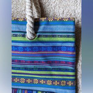 Blue Striped Canvas Totebag w/ Braided Rope Handle, 13"L x 18"W